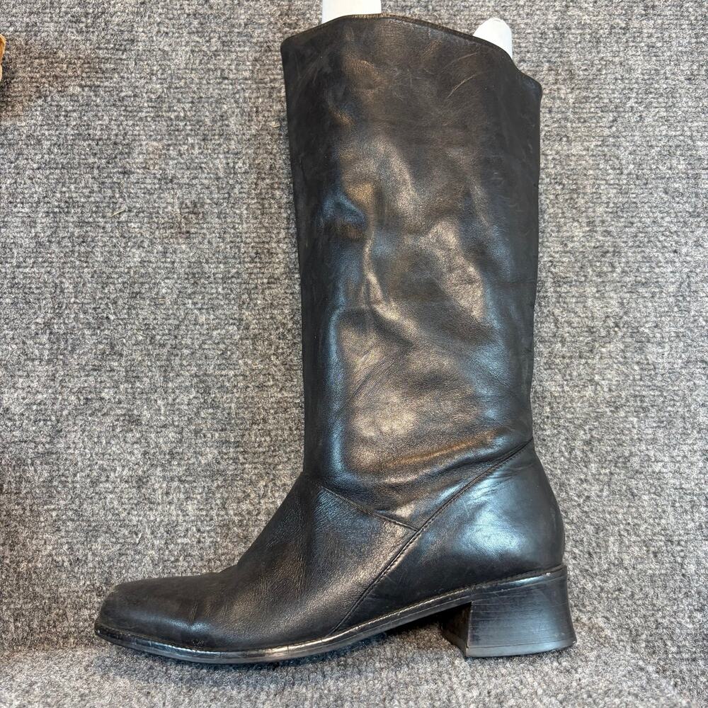 Vintage Markon Shelly Black Leather Tall Pull On Boots Block Heel Womens 8